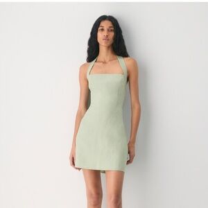 Aritzia Wilfred Womens Linen Whisper Silver Sage Green Halter Mini Dress Size 2